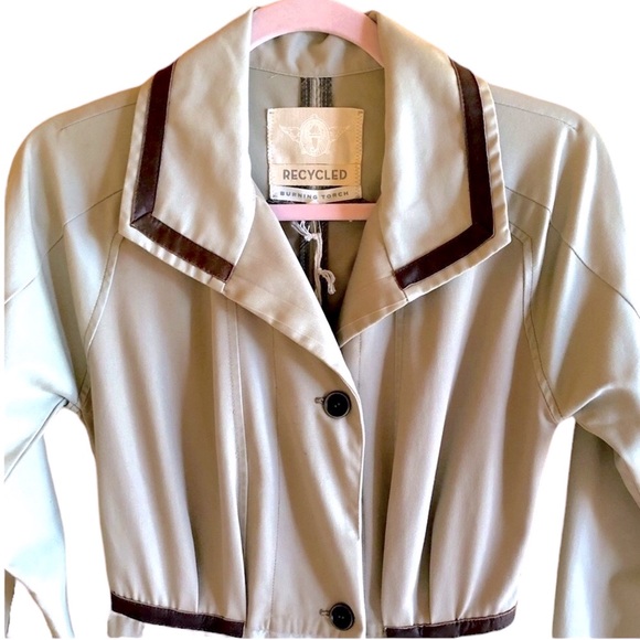 Upcycled Burning Torch Cotton Longline Khaki trench coat with leather trim - Picture 2 of 8